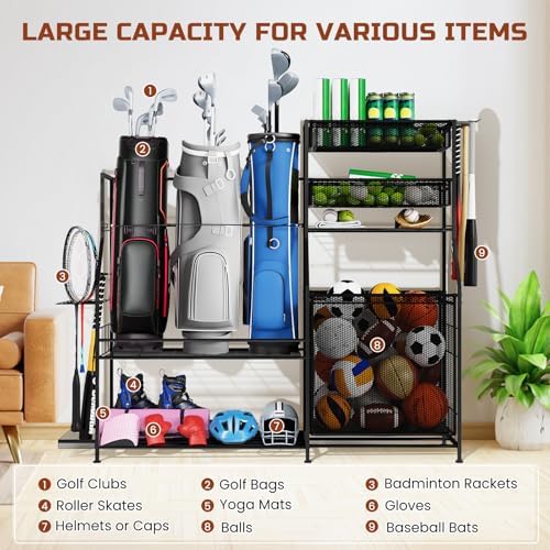 Garage Sports Equipment Organizer,3 Golf Bags Storage Stand,Heavy-Duty Ball Storage Rack with Basket and Hooks,Space-Saving Design for Toy Sports Gear Storage Indoor/Outdoor Use - Image 5