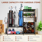 Garage Sports Equipment Organizer,3 Golf Bags Storage Stand,Heavy-Duty Ball Storage Rack with Basket and Hooks,Space-Saving Design for Toy Sports Gear Storage Indoor/Outdoor Use - Image 5