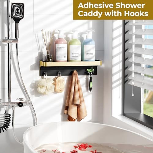 Shower Caddy Adhesive with 5 Hooks & Drainage, No-Drill, Gold - Image 2