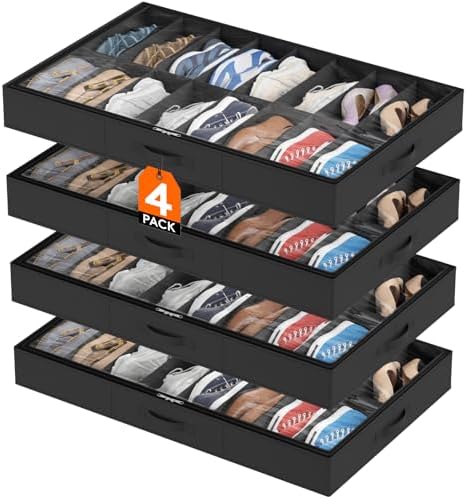 Lifewit Under Bed Shoe Storage Organizer 4 Pack(16 Shoes Cells), 4.3 Inches Profile Fabric Shoes Container Box with Clear Cover, Foldable Storage Bag with 2 Handles, Fits 32 to 64 Pairs by Lifewit
