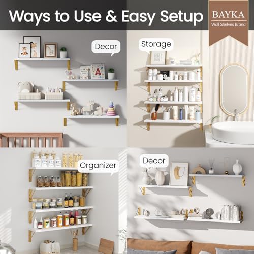 BAYKA Wall Shelves for Bedroom Decor, Wood, White and Gold, Set of 4, 23in - Image 4