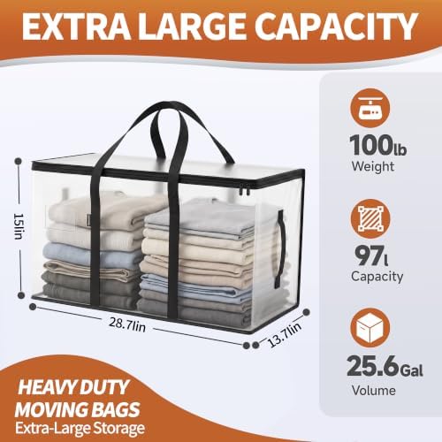 CONGREGATE Extra Large Heavy Duty Moving Bags 8 Pack Semi‑Transparent | Storage Bags with Zipper & Handles Waterproof Tote Bags for Clothes Packing Moving Dorm Home Closet Quilt & Clothing Storage - Image 3
