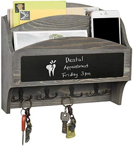 MyGift 2-Compartment Vintage Gray Wood Wall Mounted Entryway Mail Organizer Letter Sorter with Chalkboard Label Surface and 4 Double Key Hooks by MyGiftHome