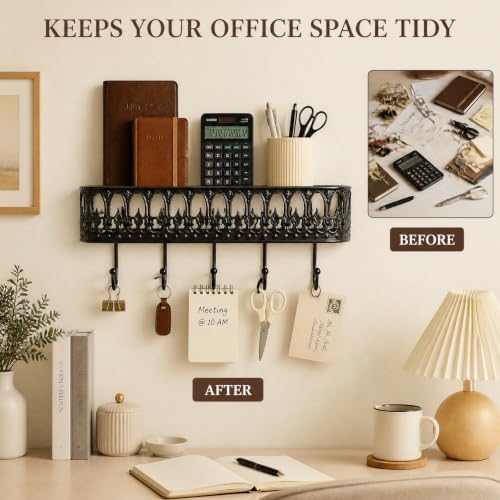 Vintage Key Holder Shelf Wall Mount Metal Mail Rack with 5 Hooks, Black - Image 5