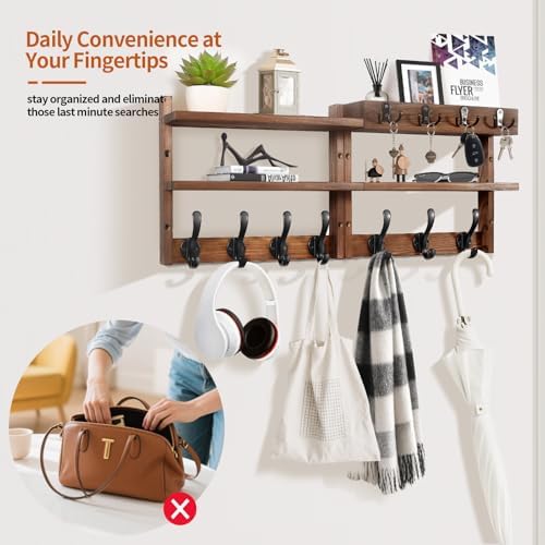 29" Coat Rack Wall Mount with Shelf, Pine Two-Tier Wall Shelf Mounted Coat and Key Hanger with 7 Heavy Duty Hooks 4 Key Hooks, Entryway Key Holder with Mail Holder for Bedroom,Living Room (Brown) - Image 5