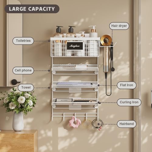 Magheo Hair Dryer Holder Wall Mounted, Adheisve Hair Styling Tool Organizer for hair Brush/Appliance Wall Mount with 5 Tier Shelf Basket Hooks Blow Dryer and Straightener Holder for Bathroom(White) - Image 3