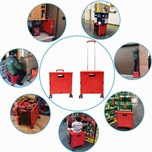 Foldable Utility Cart Folding Portable Rolling Crate Handcart Shopping Trolley Wheel Box with Lid Wear-Resistant Noiseless 360°Rotate Wheel for Travel Shopping Moving Storage Office Use (Red) - Image 2