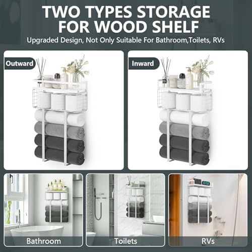 Towel Racks for Bathroom, Bathroom Shelf Over Toilet,Floating Shelves with Towel Rack Paper Holder Storage Basket,Floating Shelves for Wall Decor,White - Image 5