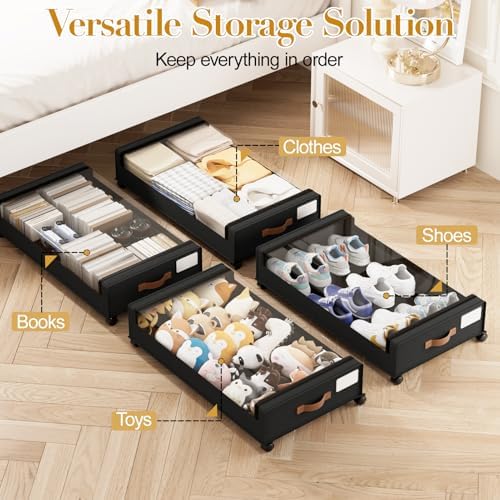 Yecaye 60L Under Bed Storage with Wheels, 4 Pack, Black | 360° Rolling Wheels, Clear Lids & Label, Reinforced Handle, Rolling Metal Drawers for Clothes, Blankets, Shoes in Bedroom - Image 6