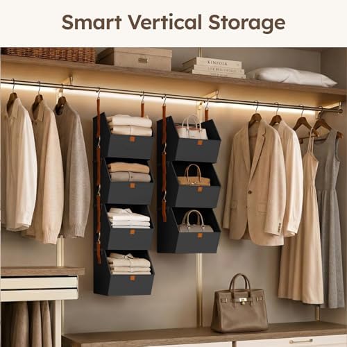 Homsorout Hanging Closet Organizer 4 Tier - Clothes Hanging Shelves, Space-Saving Closet System, Fabric Storage Bins Bedroom Organization, Collapsible Baskets for Home, Dorm, Rv, Black - Image 4