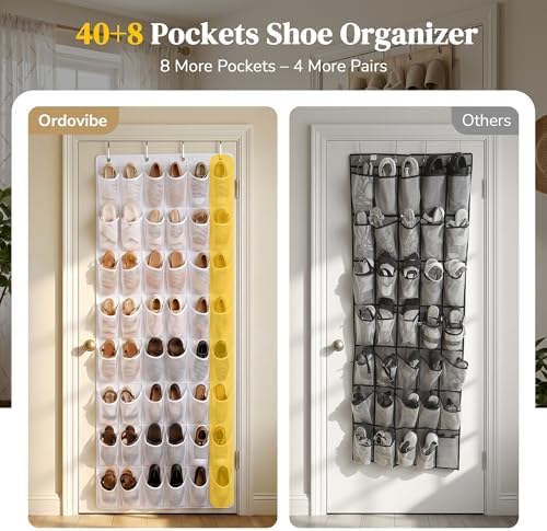 48 Pockets Over The Door Shoe Organizer, Large Mesh Hanging Shoe Rack, 6-Column Heavy Duty Shoe Storage for Sneakers and Heels, Behind Door Holder for Entryway Bedroom Dorm College, White - Image 2