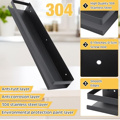 Lallisa 2 Pieces Stainless Steel Shelf Bathroom Shower Floating Shelves Wall Mounted Shower Caddy Basket Shelf Storage Organizer Shelves for Bathroom, Kitchen, Living Room(19.69 Inches/ 50 cm,Black) - Image 4