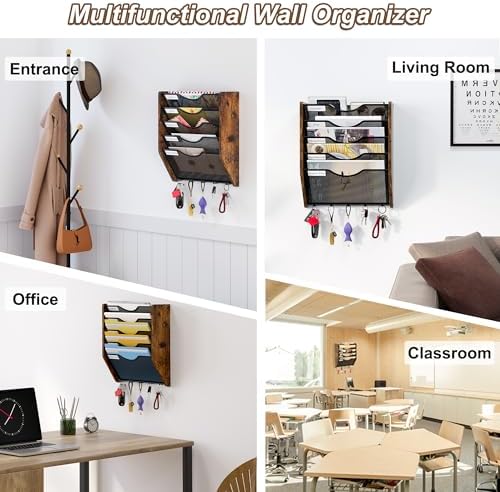 Wall File Organizer With Hooks, 5 Tier Mesh Mail Organizer Wall Mounted,Hanging File Organizer,Magazine Holder for Documents,Magazine,Literature,File,Mails,Envelopes - Image 4