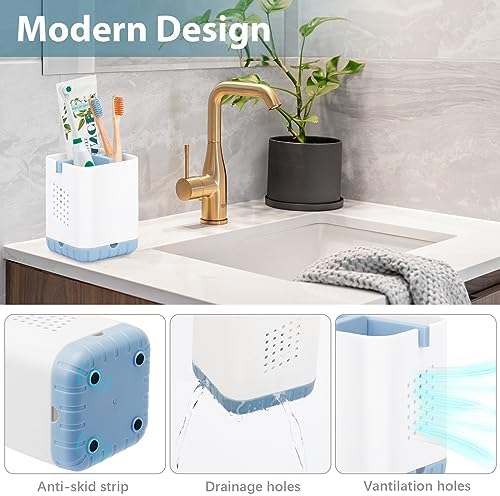 Boperzi Toothbrush and Razor Holder for Bathrooms - Countertop Organizer With Drainage, Anti-Slip Kids Toothpaste Caddy for Electric Toothbrush, Shower, Vanity - Blue - Image 3