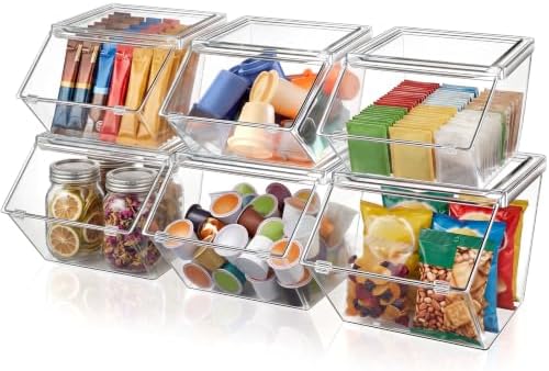 Yerliker 6 Pcs Clear Plastic Storage Bins with Lids Stackable Pantry Storage Organizer Kitchen Cabinet Organizers Ideal Containers for Coffee Pod Tea Sugar Bag Cabinet Home (Large+extra Large) by Yerliker