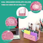 Mail Organizer Envelope Holder - 3 Compartments Glitter Pink Acrylic Mail Holder Countertop Home Office Desk Organizer Small File Sorter Vertical Bill Letter Paper Document Storage Rack - Image 4