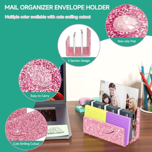 Mail Organizer Envelope Holder - 3 Compartments Glitter Pink Acrylic Mail Holder Countertop Home Office Desk Organizer Small File Sorter Vertical Bill Letter Paper Document Storage Rack - Image 4