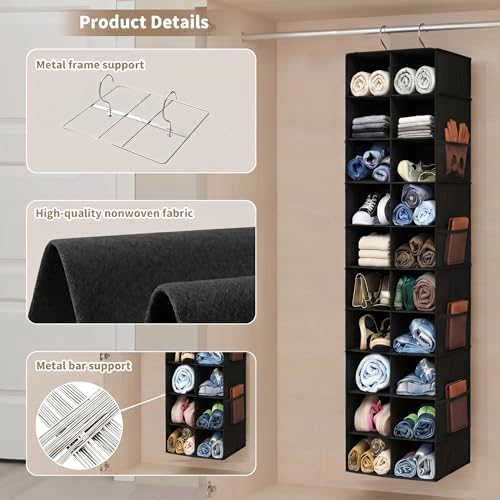 Hanging Shoe Organizer for Closet - 20 Extended Sections Closet Shoe Storage Rack with 8 Side Mesh Pockets, Foldable Shelves Holder for Clothes Shoes Shirts Jeans Hats - Image 3