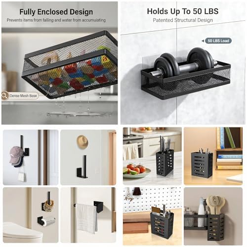 PUSDON 5-in-1 Wide Wall Mount Wrapped Mesh Kitchen Organizer & Shower Caddy Kit, with Paper Towel Holder, Utensil Holder, Soap Dish, Heavy Duty 50LBS - Matte Black, Netting - Image 4