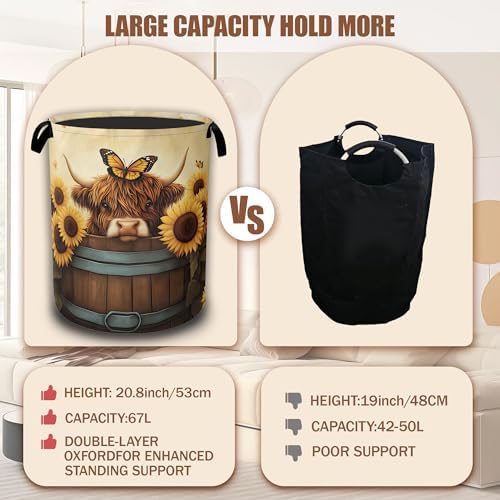 Highland Cow Laundry Hamper,Sunflower Butterflies Collapsible Laundry Baskets Waterproof Oxford Cloth With Handles,Clothes Storage Bucket Toy Organizer For Bathroom/Nursery/Bedroom 16" x 20.8" - Image 4