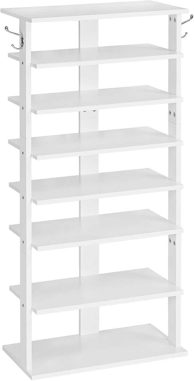 HOOBRO Vertical Shoe Rack, 8 Tier Wooden Shoe Storage Organizer with Hooks, Narrow Shoe Tower for 16 Pairs, Space Saving, for Entryway, Living Room, Bedroom, White WT750XJ01 by HOOBRO