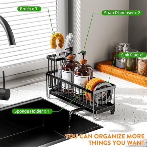 Cisily Sponge Holder for Kitchen Sink, Sink Caddy Organizer with High Brush Holder, Kitchen Countertop Organizers and Storage Essentials, Rustproof 304 Stainless Steel (Large Black, 10.62″) - Image 6