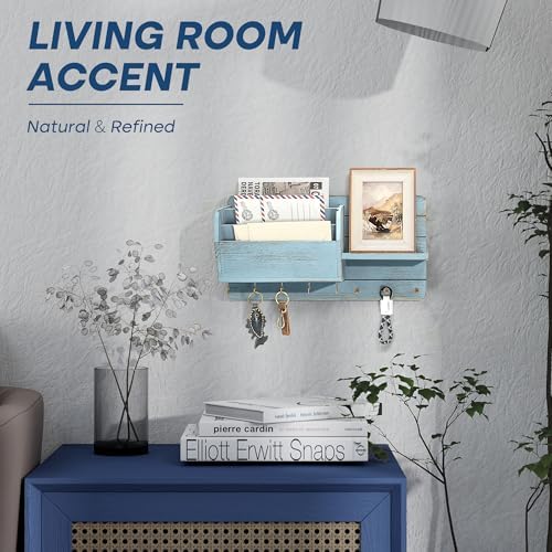 Rebee Vision Pine Wood Key Holder Wall Mount with Mail Slot & 8 Hooks, Blue - Image 5