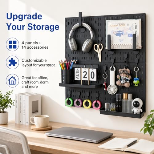 Pegboard Wall Organizer Kit – Heavy Duty 20lbs Load Bearing, Easy Installation, 4 Peg Board Panels 14 Accessories – Multi-Surface Use For Garage, Office, Kitchen & Crafts (Black Pegboard,24″×24″) - Image 2