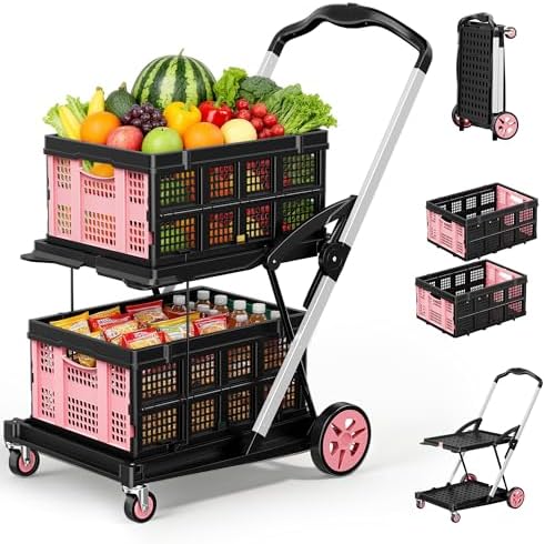 8-in-1 Max 200LBS Collapsible Shopping Cart on Wheels with 2 Storage Crates, Portable Foldable Shopping Cart with Foot Brake for Picnic, Supermarket, Office, Pink-2026 Upgraded by BSMTEK