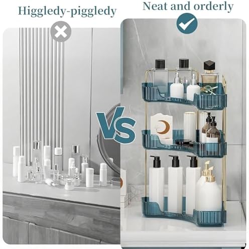 INVSSENE Corner Bathroom Countertop Organizer, Vanity Organizer Trays for Counter, Makeup Organizers, Perfume Tray, Skincare Shelf Storage Gifts for Women Girl Student (Blue, 3 Tiers) - Image 3
