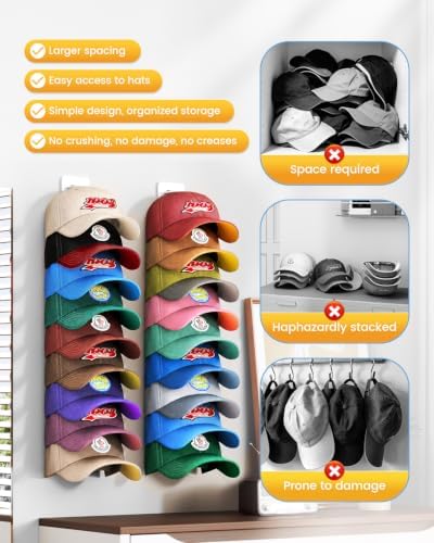 Hat Organizer for Baseball Caps, 2 Pack Strong Adhesive Hat Rack for Wall, Multilayer Wall Mount Hat Storage Holder for Closet Door - Hat Hanger Hold Up to 18 Hats (White) - Image 6
