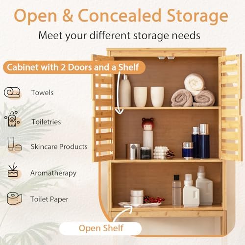 Tangkula Over The Toilet Storage Cabinet, Bamboo Bathroom Space Saver with 2 Doors, Adjustable Bottom Bar, Open Shelf, Freestanding Bathroom Cabinet Organizer Above Toilet for Restroom, Laundry Room - Image 7