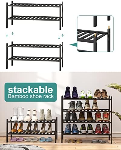 viewcare 2-Tier Black Bamboo Shoe Rack for Entryway, Stackable | Foldable | Natural, Shoe Shelf Storage Organizer for Hallway Closet, Free Standing Shoe Racks for Indoor Outdoor - Image 5