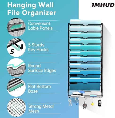 11-Tier Wall File Organizer and Mail Organizer with 5 Hooks, Black - Image 2