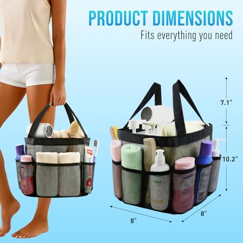 Mesh Shower Caddy Portable, Shower Tote Bag for Dorm Room Essentials, 8 Pockets Large Shower Basket for College Gym Beach Camping (1, Black) - Image 2