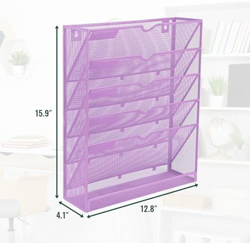 EASEPRES 6 Tier Mesh Hanging Wall File Organizer, Desk Vertical Mail Paper Document Folder Holder Rack with Bottom Tray and Nametag Label for Office Home School, Light Purple - Image 2