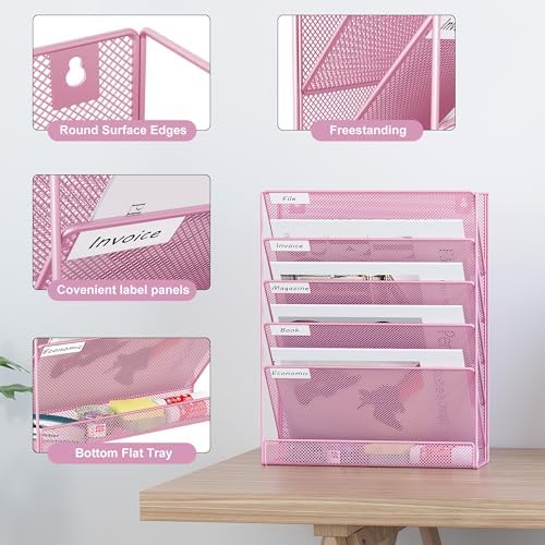 EasyPAG 5 Tier Wall File Holder, Mesh Hanging Folder Organizer with Classify Label, Versatile Desk File Holder, Vertical Wall Mounted Mail Organizer for Office Home Cubicle, Pink - Image 2