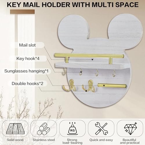AIRPOP Key Holder for Wall–Mouse Wooden Mail Organizer Wall Mount with Shelf and 6 Hooks, Easy Installation Key Rack Hanger for Entryway Living Room Home Decor(White) - Image 3