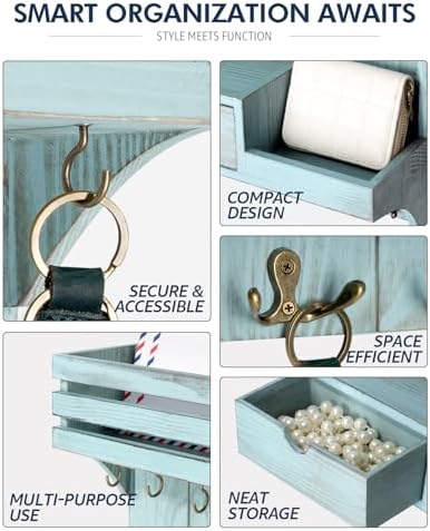 Rebee Vision Key Holder Wall Mount with Drawer & Shelf for Entryway, Blue - Image 2