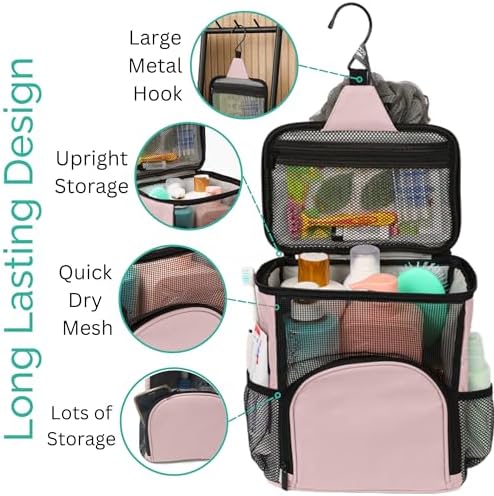 TERRA HOME College Dorm Room Essentials for Girls - Original Shower Caddy Dorm - Portable, Durable, Roomy, Foldable Water Resistant Shower Bag in Light Pink with Metal Hook for Hanging (Blush Pink) - Image 3
