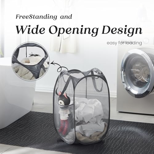 TECHMILLY Collapsible Mesh Pop Up Laundry Hamper with Sturdy Handles and Side Pocket - Portable Foldable Clothes Baskets for Dorm, Bathroom & Travel Storage (Grey, 2 Packs) - Image 4