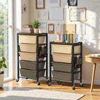 Rolling Cart with 5 Drawers, Plastic Drawer Storage Carts with Wheels & Wooden Tabletop, Metal Utility Cart with Pegboards, Office Living Room Classroom Craft Organization and Storage, Dark Brown - Image 2
