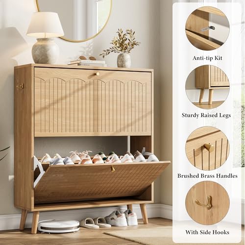 Nicetree Arch-Chic Shoe Cabinet for Entryway, Modern Mid-Century Shoe Storage Cabinet with Fluted, Narrow Shoe Rack for Entryway with Adjustable Shelves & Tipping Protection,Light Oak - Image 6