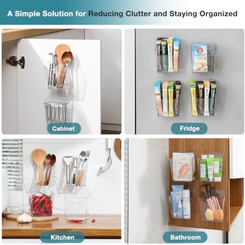 Clear Acrylic Pen Holder, 4 Pack Cabinet Door Organizer Adhesive, Bathroom Wall Mount Caddy Kitchen Plastic Storage Bin Box for Office Marker,Art Supply, Small Cleaning Supply, Seasoning Drink Packet - Image 6