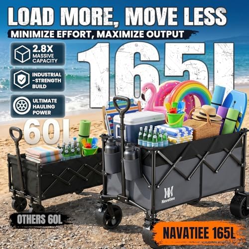 Navatiee 330Lbs Collapsible Folding Wagon, Beach Wagon Cart Heavy Duty Foldable with Big Wheels, Utility Grocery Wagon with 165L Large Capacity for Camping Garden Sports, Gray - Image 2