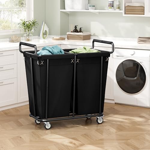 Gewudraw Heavy Duty Laundry Hamper with Wheels 2 Section, 360L, Black - Image 6