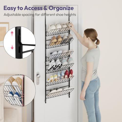SWTYMIKI Over the Door Shoe Organizer - Adjustable 6 Tier Hanging Shoe Rack Organizer, Metal Heavy Duty Behind Door Storage or Wall Mount Shoes Shelf for Flats, Heels, Sneakers, Boots - Image 3