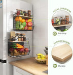 Wawocs Magnetic Shelf for Fridge with Wood Lid, 2 Tier Fruit Baskets Wall Mounted Hanging Basket with 4 Hanger Hooks, Potato and Onion Magnetic Storage Bins for Kitchen Counter, Refrigerator, Cabinet - Image 3