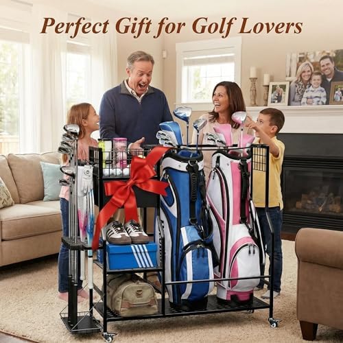 Faesun Golf Bag Organizer for Garage, Golf Bag Storage Rack with 6 Club Slots, Golf Club Organizer with Fabric Drawer & Wheels, Golf Storage Organizer Holds 2 Bags, Golf Rack Storage System - Image 3