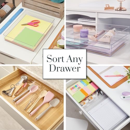 STORi SimpleSort 2-Piece Stackable Clear Drawer Organizer Set | 12" x 9" x 2" Rectangle Trays | Wide Makeup Vanity Storage Bins and Office Desk Drawer Dividers | Made in USA - Image 4
